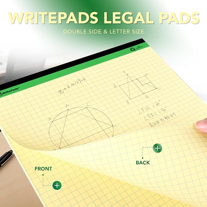 KAISA Graph Paper Legal Pads Writing Pads Recycled Paper 8.5"x11.75" Quad Ruled 4x4 Perforated 50 sheets/pad Grid Paper Yellow Notepads Writing Tablet For Office Supplies (Canary 6pad, 8.5x11.75'')