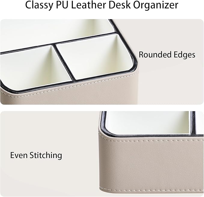 MEIBOOCH Remote Control Holder, PU Leather Small Desk Organizer with 4 Compartments, Nightstand Organizer Desk Caddy for Remote, Notepad, Phone, Glasses, and Accessories (Beige)