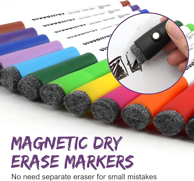 cloudriver Magnetic Dry Erase Markers, 24 Pack Whiteboard Markers - 12 Fine Tip And 12 Chisel Tip, 12 Colors Low Odor Dry Erase Marker With Eraser Cap