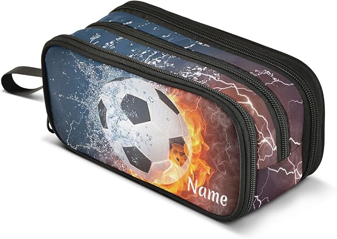 BOENLE Custom Soccer Football Ball Pencil Case Box Boys Girls Personalized Name Large Pencil Pouch Stationery Pen Bag Organizer for Kids Teens Adults School Office