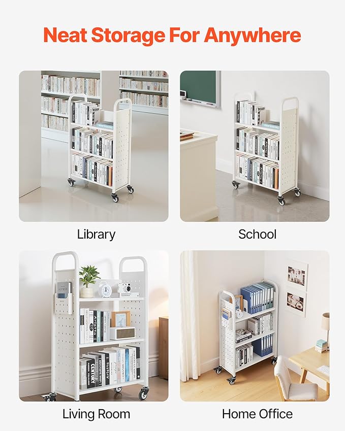VEVOR Rolling Library Book Cart, 330 lbs Capacity, 30.3 x 15 x 48.0-Inch Library Cart, Single Sided L-Shaped Shelves with 3-Inch Lockable Wheels, Book Truck for Home Shelves Office and School, White