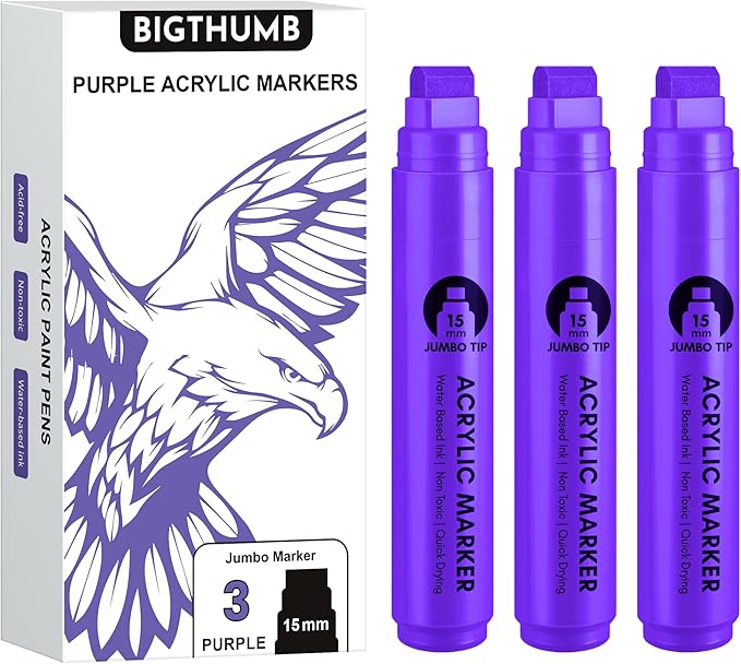 BIGTHUMB 3 Pcs Purple Jumbo Permanent Markers: 15mm Wide Tip Thick Acrylic Paint Pen Large Calligraphy Marker for Rock Painting, Poster, Sign, Canvas, Glass, Wood, Ceramic