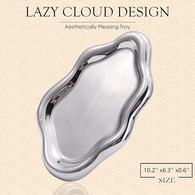 CCINPPY Ceramic Jewelry Tray Trinket Dish, Decorative Cloud Vanity Key Tray for Women, Ring Holder Dish, Cute Jewelry Plate Bowl Room Decor Aesthetic, Silver, Large