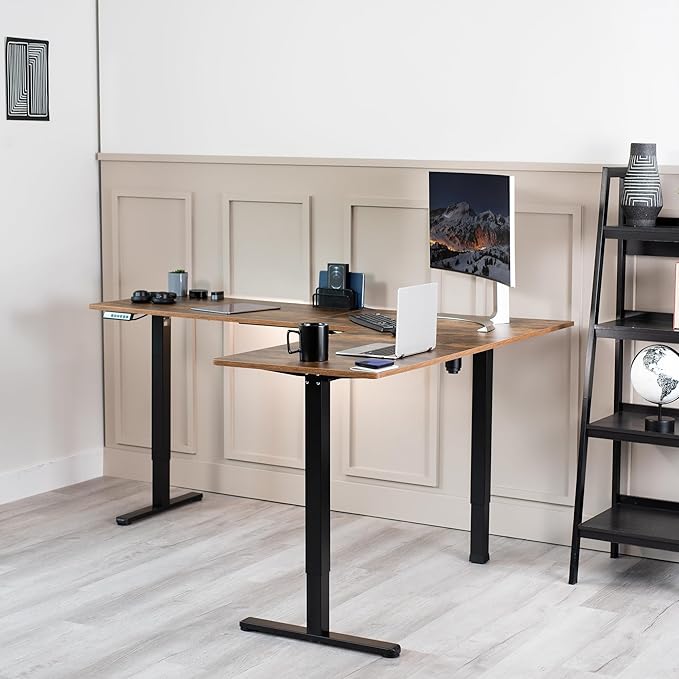 VIVO Electric Corner 75 x 63 inch L-Shaped Standing Desk, Memory Height Adjustment, Rustic Vintage Brown Top Black Frame, DESK-E3CTN-75