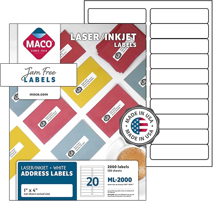MACO COVER-ALL Printable Labels for Shipping - Laser/Ink Jet Compatible Shipping Labels, 20 per Sheet, 1" x 4", Box of 100 Pages/2000 Labels, White