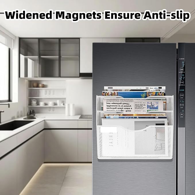 LQPAFZ 3-Tier Magnetic File Holder, No Drilling Installation File Cabinet Organizer, White Magnetic File Organizer, Magazine Rack, Magnetic Paper Holder for Refrigerator, File Cabinets,White