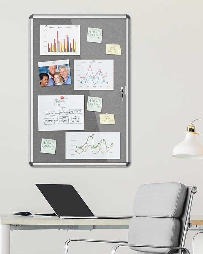 Mifuro 36"x24" Enclosed Bulletin Board, Lockable Weather-Resistant Aluminum Cork Noticeboard for School & Office, Silver Frame w/Grey Flet