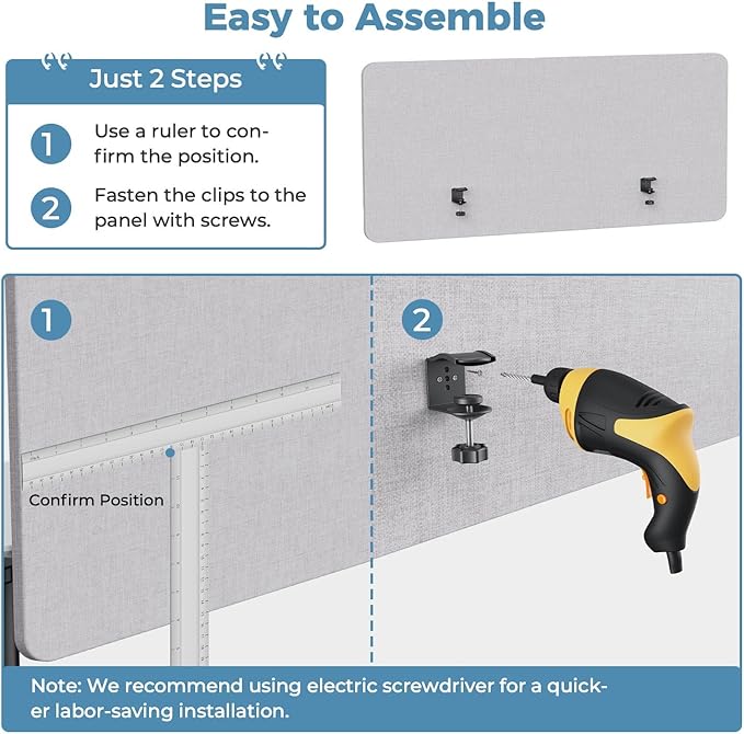 MORDEER 47.2" Privacy Desk Divider Panel, Acoustic Divider Panels for Office, Clamp-on Cubicle Office Room Dividers, Easy Assemble, Light Grey