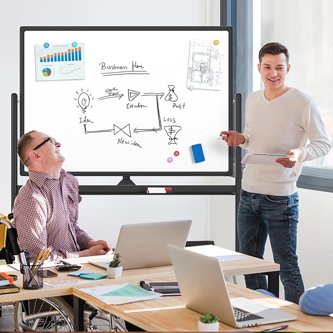 MaxGear Large Black Rolling Whiteboard on Wheels, 48" x 32" Double-Sided Magnetic Dry Erase Board with Stand, Reversible Standing Whiteboard Easel with Aluminium Frame for Office, School, Black
