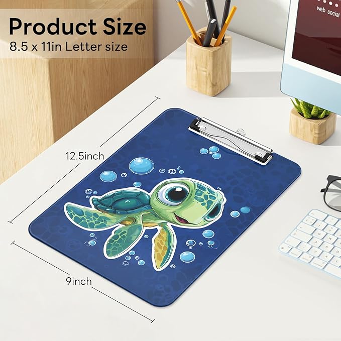 Luminzo Plastic Cute Clipboard Low-Profile Metal Clip, A4 Letter Size 9 x 12.5 in, 8.5 x 11 Paper Clip Board for Teachers, Nurses, Classroom,Cute Turtle