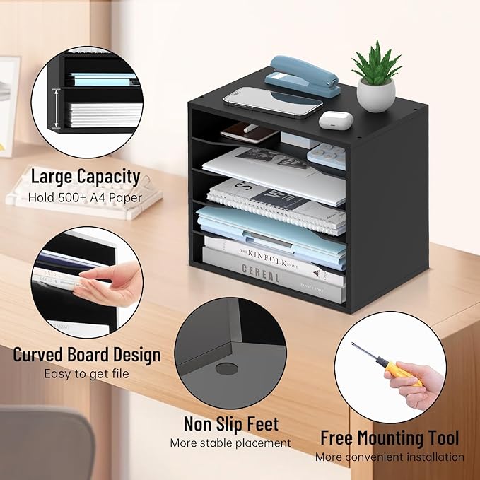 SHARKWOODS 5-Tier Wood Desk Organizer, Paper Tray Organizer for Desk with Adjustable Storage Shelves, Desktop File Organization Paper Sorter Mail Holder for Office Home Classroom, Black