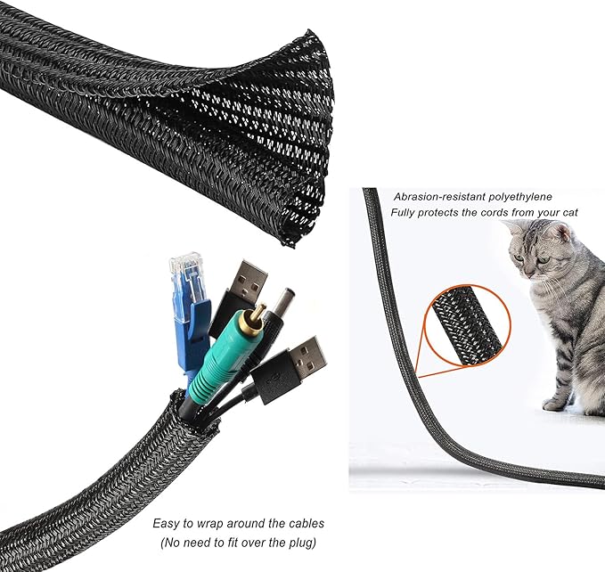 QCSIW 1/2"-10ft*2pcs Black/White Cable Sleeve - Protects Cords from Pets & Organizes Wires - Modern Style - Polyester Material - Flame Retardant - Easy to Use & Cut (Black, 10ft-1/2inch)