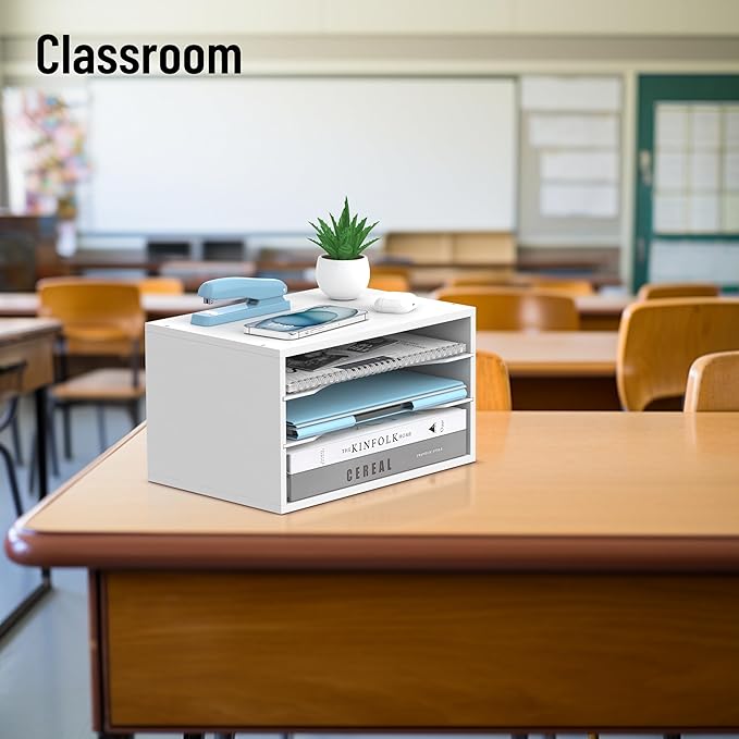SHARKWOODS Wood Desk Organizer, 3 Tier Paper Tray Organizer for Desk with Adjustable Storage Shelves, Desktop File Organization Paper Sorter Mail Holder for Office Home Classroom, White