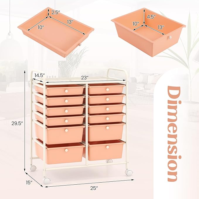 Happygrill 12-Drawer Rolling Storage Cart, Multipurpose Storage Cart W/Lockable Wheels, 2 Sizes Plastic Drawers & Metal Shelf, Mobile Utility Cart for Home Office School (Peach Fuzz)