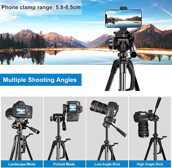 PULUZ Camera Tripod, 55"/139cm Lightweight Portable Travel Outdoor DSLR Tripods for Camera Phone Video Recording Tripod Stand, Cellphone Clip for Smartphone Live Streaming Vlog