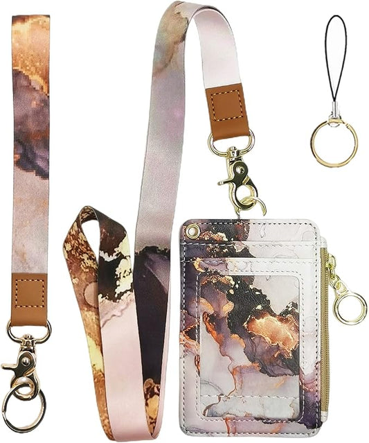 Marble ID Badge Holder with Lanyard,Card Name Tag Holders with Zipper,Vertical Lanyard Wallet for Work Office Nurse Doctor Medical Student Teacher Women Men