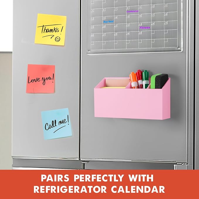 Banafich Magnetic Dry Erase Marker Holder, Acrylic Magnet Pen Holder for Whiteboard, Refrigerator, Magnetic Fridge Organizer for Office, Classroom, Whiteboard Maker Holder, Locker Organizer-Pink