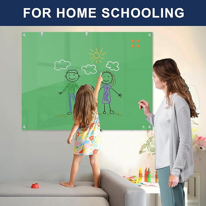 TSJ OFFICE Glass Dry-Erase Board - 48 x 32 Inches Wall Mounted Glass Whiteboard, Large Frameless Magnetic White Board for Office, Home & School, Green