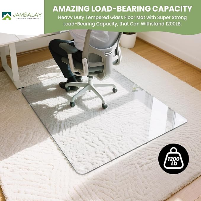JAMBALAY 46″×36″ Tempered Glass Floor Mat, Heavy Duty Glass Office Chair Mat for Carpets or Hard Floors, Carpet Floor Mats with 12 Non Slip Pads for Easy Roll On, Thick 1/5″