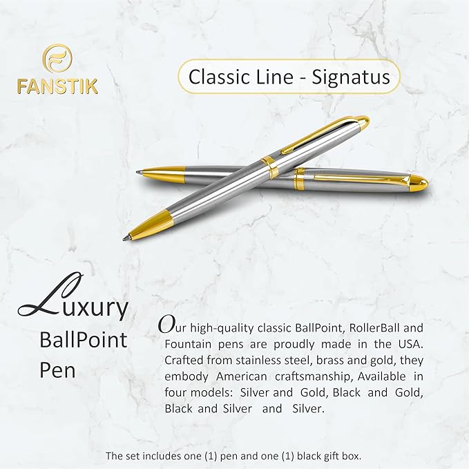 FANSTIK Customized BallPoint pen with name (MADE IN USA), stainless steel, Silver and gold, luxury engraved pen personalized for men and for women. (BallPoint Silver-Gold)