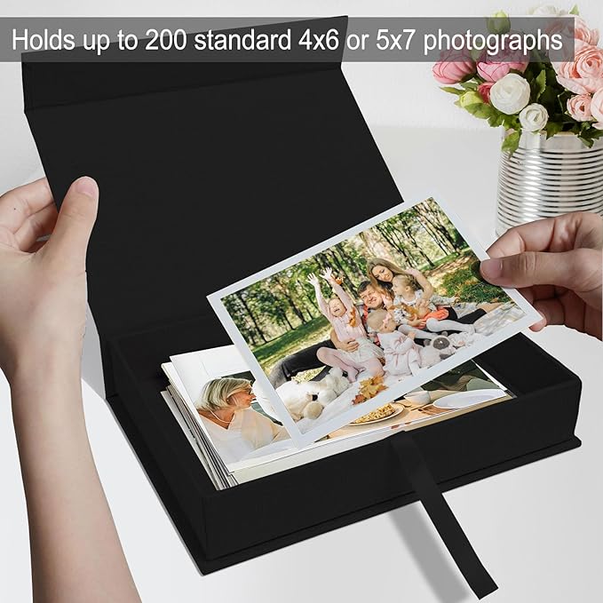 Sprsthai 5x7 Archival Photo Storage Box with Lid – Stackable Memory Keepsake Organizer for Photos, Certificates, Jewelry & Scrapbooking Supplies Black