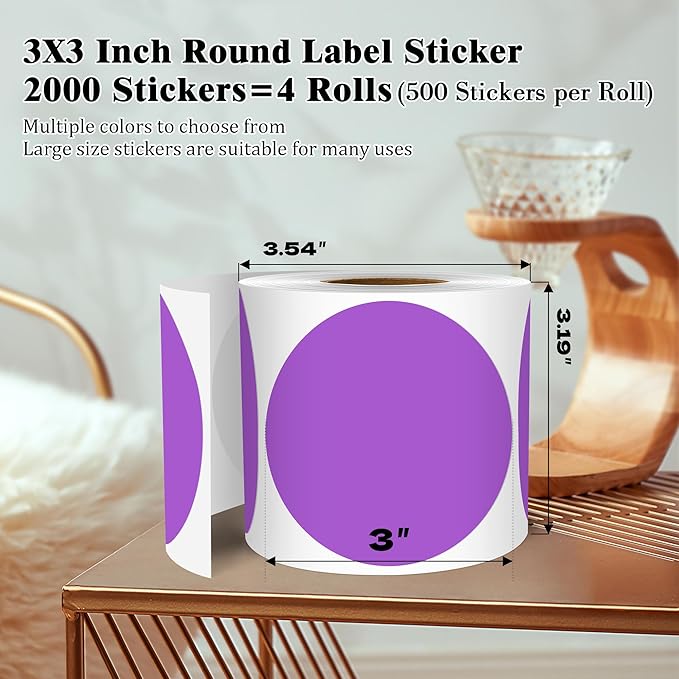 3 Inch Round Colored Dot Stickers, 2000 PCS, 4 Rolls in Dispenser Box - Purple Circle Color Coding Labels Dot Labels for Office, Home, Inventory Organizing