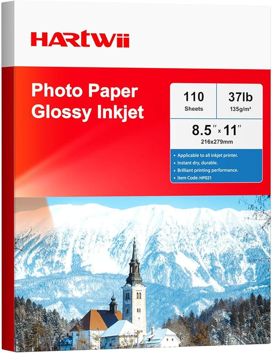 HARTWII Glossy Photo Paper 8.5x11 Inches, 110 Sheets Thin Inkjet Paper,135gsm 37lb Photo Paper for Inkjet Printer with Dye Ink for Brochures Flyers Custom Chip Bag Party Favors