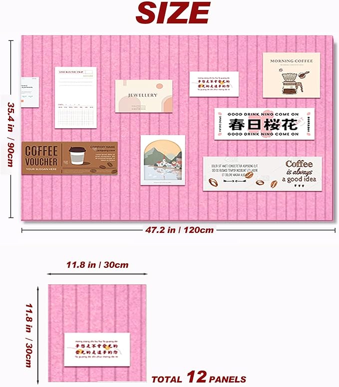 Large Felt Wall Tiles Cork Boards for Office Cubicle, 47"x35" Felt Photos Board Bulletin Tiles Pin Board for Walls Home Decor, Noise Reduction Boards Panels for Notes Memos, 12-Pack, Pink