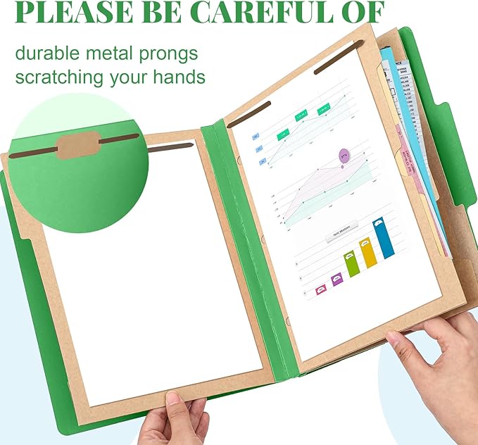 12 Pcs Classification Folders Letter Size 3 Pocket Dividers Employee File Folder with 2 Prongs Fasteners, 2 in Expansion Heavy Duty Pressboard File Holder for School Office Medical Document(Green)