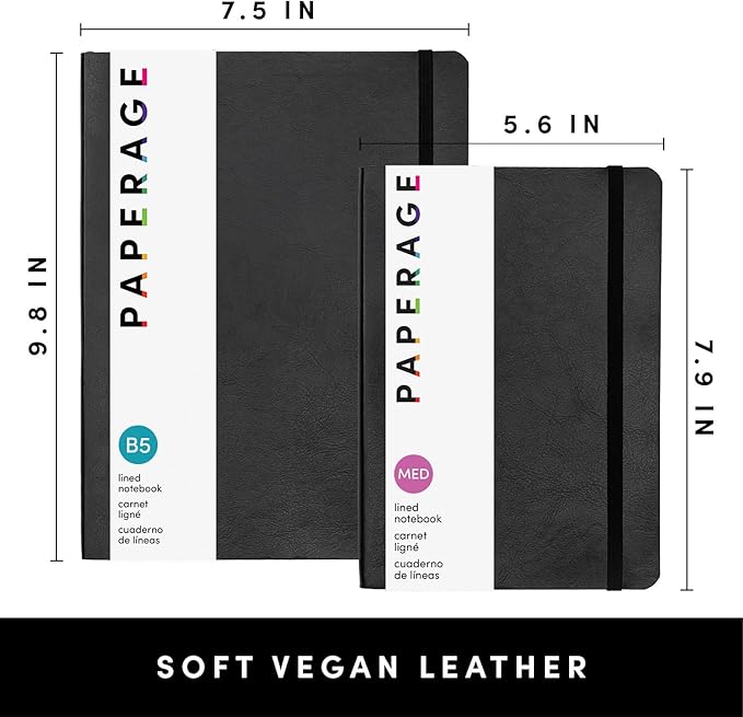 PAPERAGE Softcover Lined Journal Notebook (Black), 176 Pages, Large B5 College Ruled Notebook, 7.5 inches x 9.8 inches - 100 GSM Premium Paper, Soft Vegan Leather Journal for Home, Work & School