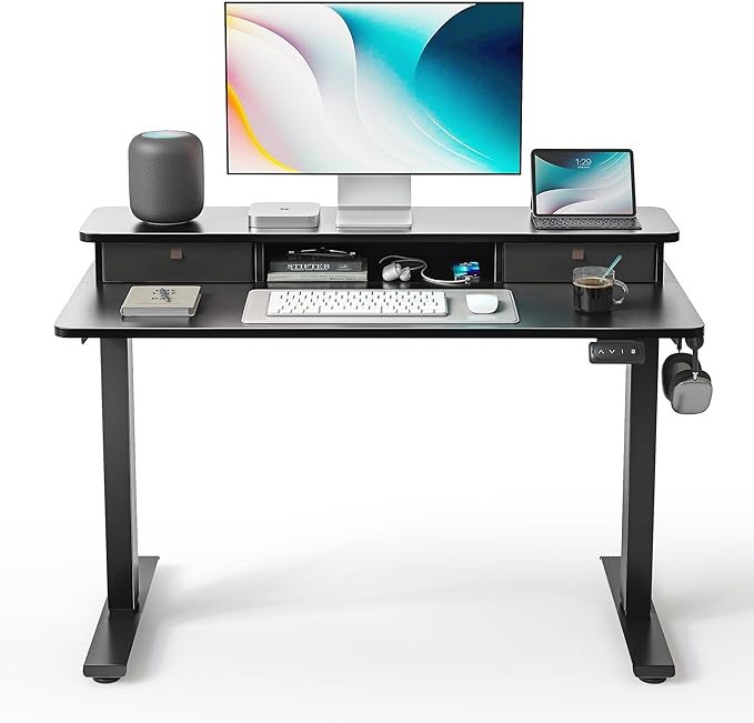 FEZIBO 40 x 24 Inch Height Adjustable Electric Standing Desk with Double Drawer, Stand up Home Office Computer Desk with 4 Height-Adjustable Feets & 2 Hooks, Black