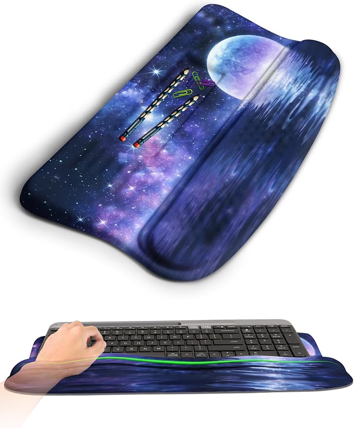 KUOSGM Ergonomic Wave Wrist Rest with Keyboard Stand, Cushioned Palm Rest, Comfortable Integrated Memory Foam for Natural Typing and Relieve Wrist Pain, Moon and Starry Sky
