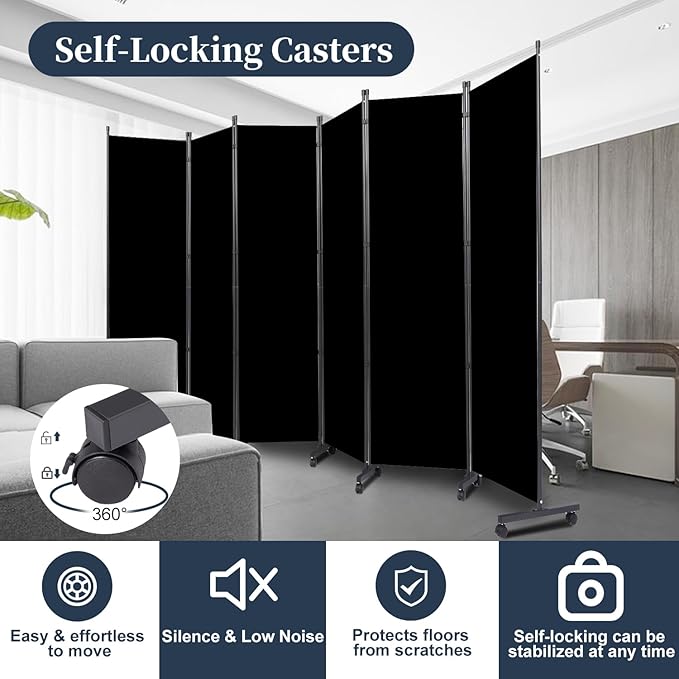 Room Divider Folding Privacy Screens with Lockable Wheels, 132'' Partition Room Dividers Freestanding Room Divider Fabric Panel for Room Separation, Wall Divider for Home Office Bedroom Dorm Decor