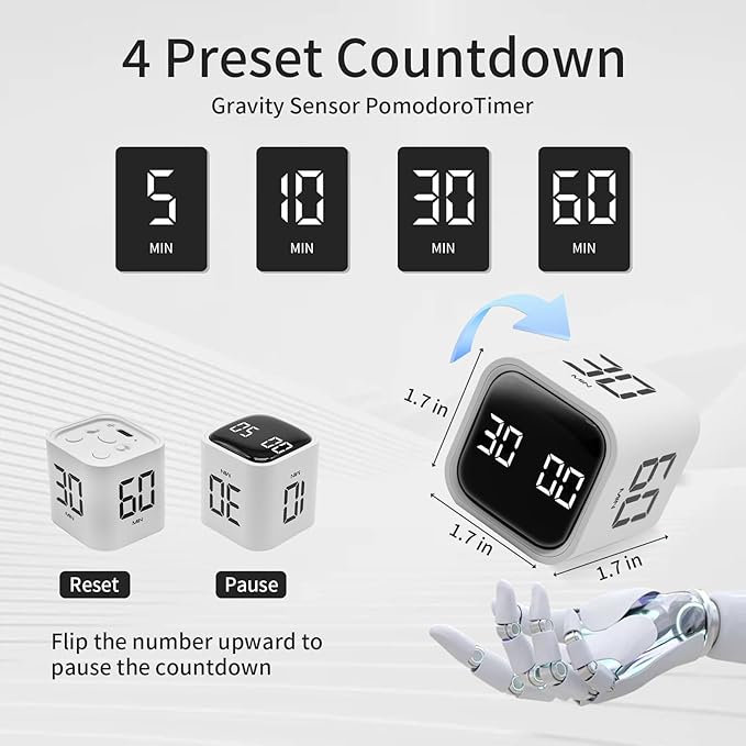 Productivity Timer Flip Gravity Sensor Cube Timer Countdown & Countup,Mute & Vibrate & Sound，5/10/30/60min & Custom Timing, Perfect for ADHD,Work,Learning,Kitchen Cooking (3, Black+White+Blue)
