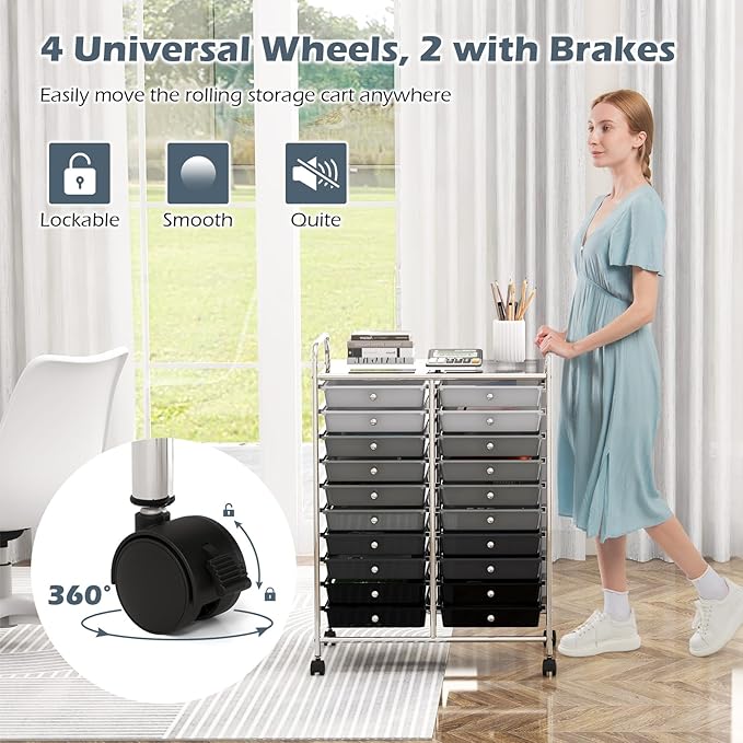 Happygrill 20-Drawer Organizer Cart Tools, Mobile Utility Storage Cart with Removable Drawers & Lockable Wheels, Rolling Storage Cart with wheels for Home Office School (Gradient Grey)