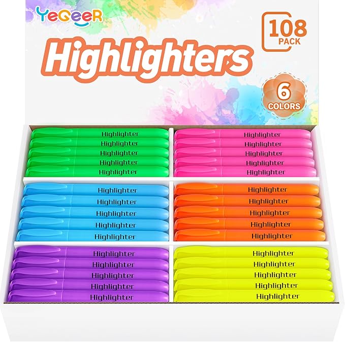 YEGEER Highlighters, Chisel Tip Dry-Quickly Highlighter Markers, 108 Count-6 Assorted Colors Highlighters Bulk Pack for Adult Kids, Office Classroom Must Have, School Supplies for Teachers