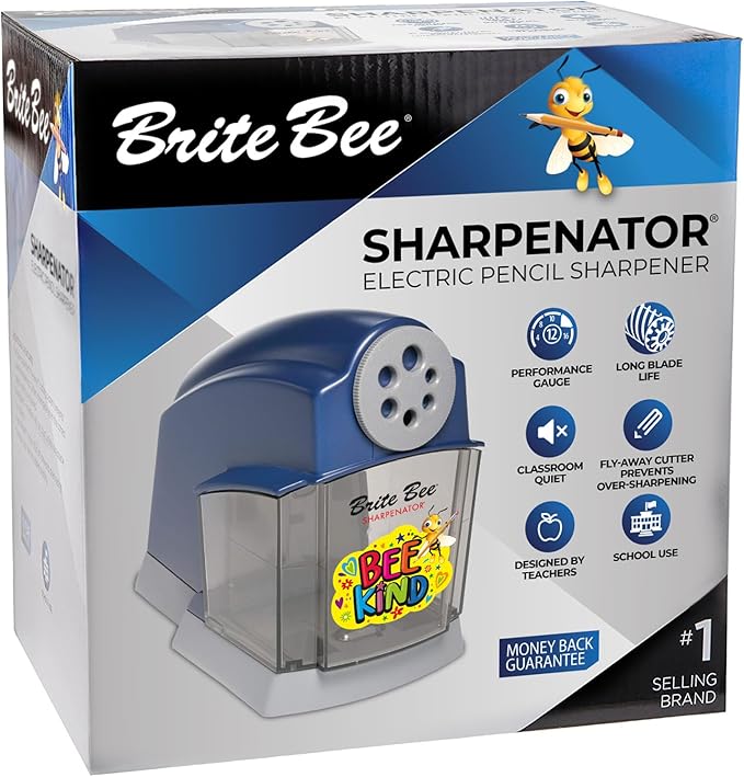 Brite Bee Sharpenator – Heavy Duty Classroom Electric Pencil Sharpener for Teachers & Students – Quiet Motor, Auto Stop, Large Bin, Helical Blade – Sharpens All Pencil Types (Bee Kind Front)
