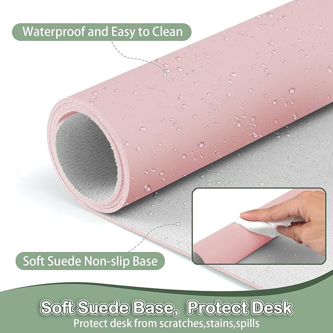 Boutilon Leather Desk Pad Protector,Non-Slip Mouse Pad,Laptop Desk Pad,Office Mouse Mat,Waterproof Leather Desk Blotter,Desk Writing Pad for Office and Home (XXL-Light Pink,47.2"x 17")