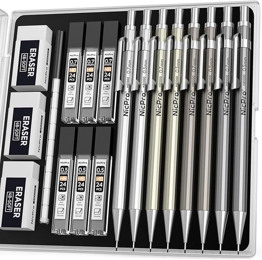 Nicpro 8 Pack 0.5mm & 0.7mm Metal Mechanical Pencil Set, MB1000 Lead Drafting Pencil for Artist Writing, Sketching, Drawing with 6 Tubes HB Lead Refills, 3PCS 4B Eraser, 9PCS Cap Eraser - With Case