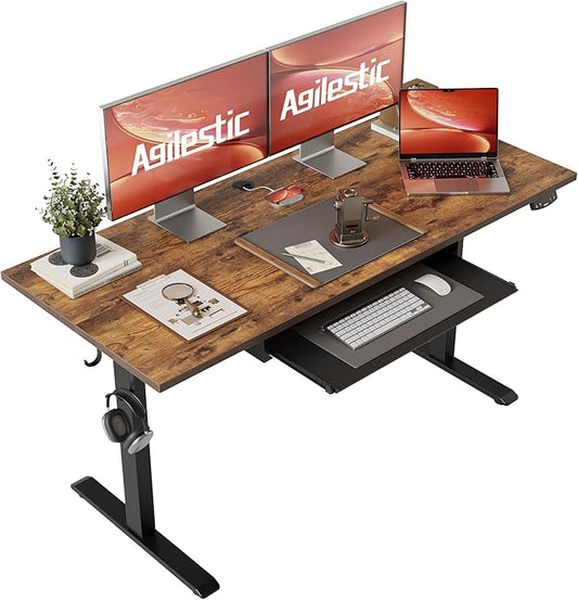 Agilestic Height Adjustable Desk with Keyboard Tray, 55 x 24 Inches Electric Standing Desk with Memory Preset, Stand up Computer Table, Lightweight Board, Dark Brown