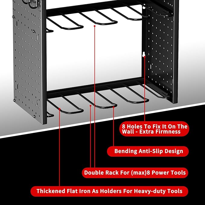 KAFAHOM Power Tool Organizer, Large 8 Drill Holder Wall Mount with 2 Side Pegboards,5 Layer Heavy Duty Metal Tool Storage Rack, Tool Shelf for Garage Organization, Utility Battery Shelves - Red