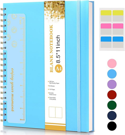 Blank Spiral Notebook Journal 8.5” x 11”, A4 Large Sketch Book for Women Men, 100 GSM Blank Paper Drawing Notebook, Plastic Hardcover Spiral Bound Sketchbook for Sketching Work School Writing, Blue