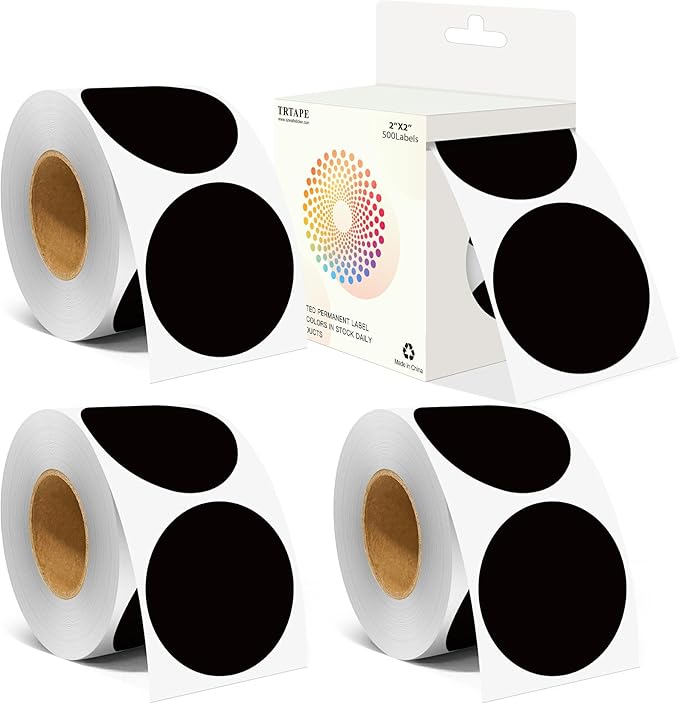 2 Inch Color Coding Round Labels (2000Pcs, 4 Rolls) - Round Colored Dot Stickers for Inventory, Pantry, Warehouse Organization - Black Circle Dot Labels