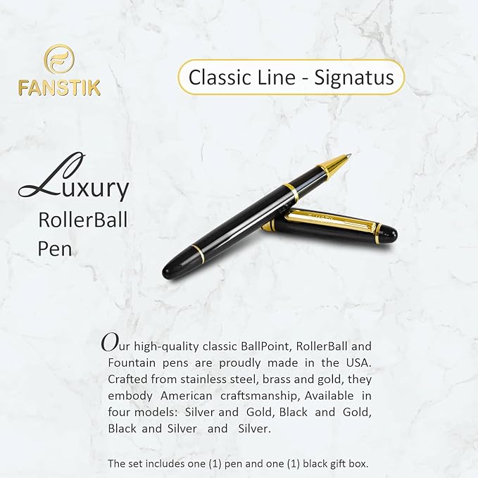 FANSTIK Customized RollerBall pen with name (MADE IN USA), stainless steel, black and gold, luxury engraved pen personalized for men and for women. (RollerBall Black-Gold)