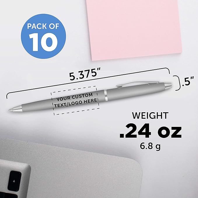 DISCOUNT PROMOS Custom Langham Ballpoint Pens Set of 10, Personalized Bulk Pack - Black Ink, Great for Office, School, Business, Tradeshows - Silver