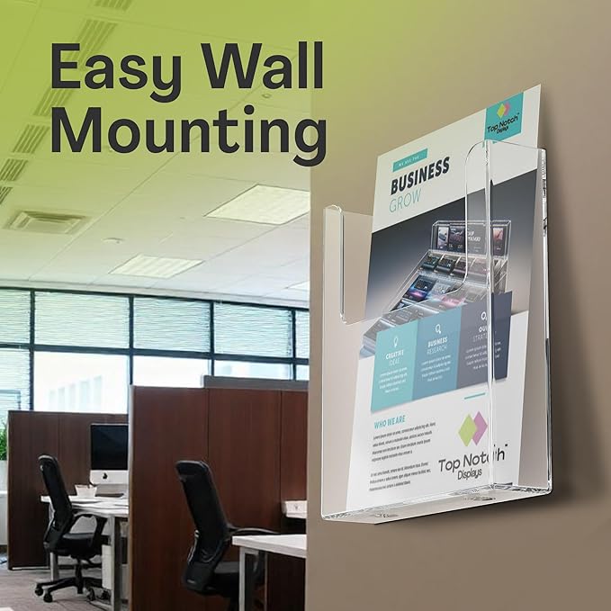 Top Notch Displays Acrylic Brochure Holder for Wall Mounting, Clear Display for 8.5" x 11" Flyers, Literature Holder for Magazines, Pamphlets, Menus, Includes Screws & Plastic Anchors – Pack of 2