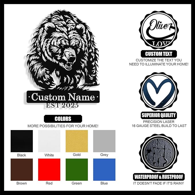 Custom Bear Metal Sign, Custom Bear Metal Wall Art Decor, Personalized Last Name Signs for Home, Rustic Farmhouse Black Wall Decor for Cabin, Bedroom, Living Room, Porch