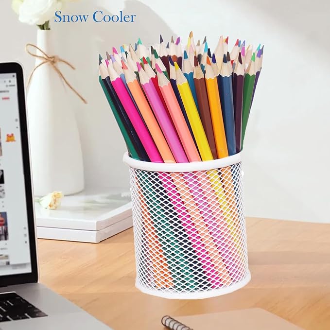 SNOW COOLER Pen Holder Mesh Pencil Holder Metal Pen Holder Cup Pencil Cup Holder for Desk Office Pen Organizer White, 4 Pack
