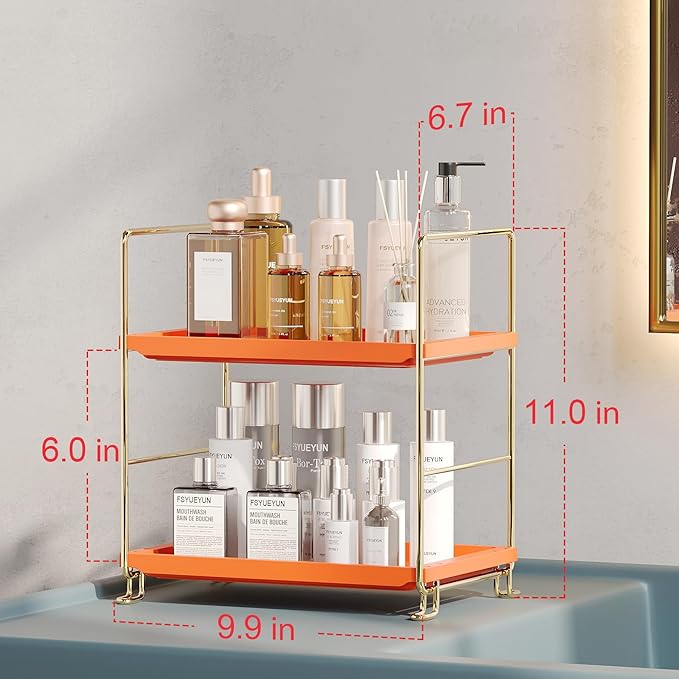 FSyueyun 2-Tier Bathroom Countertop Organizer,Bathroom Organizers and Storage with Tool-Less Installation, Premium Plastics for Makeup, Perfume, Skincare on Dresser Vanity Tray(Gold & Orange)