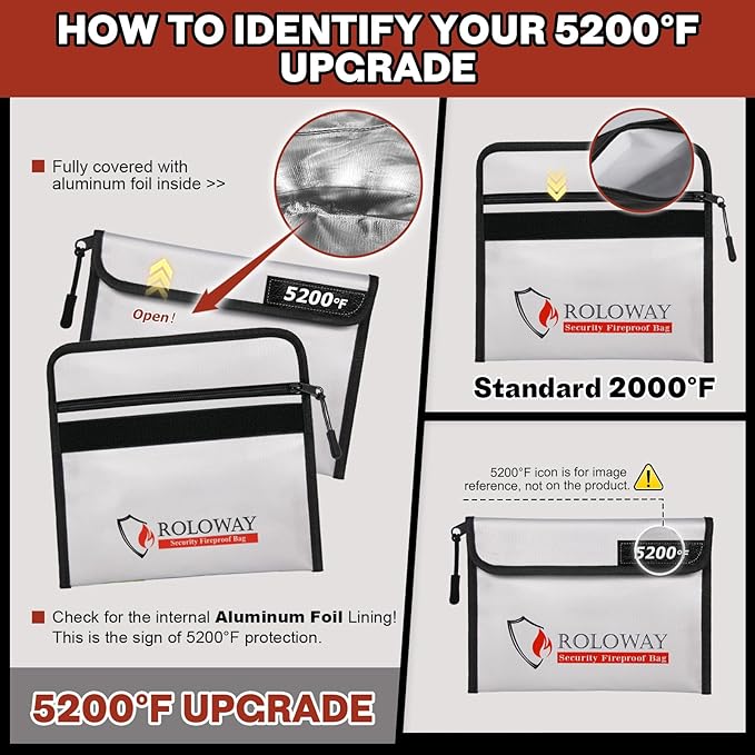 ROLOWAY Fireproof Bag (9.6 x 6.6 inches) 5200℉ Heat Insulated, Fireproof Money Bag with Zipper for Cash (2-Pack)